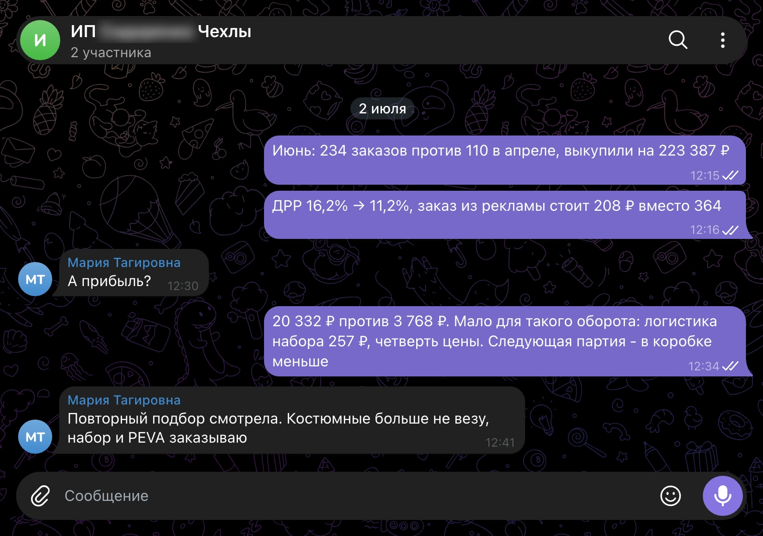 Рабочий чат 2 июля: 234 заказа в июне, ДРР 11,2%, решение уменьшить коробку набора