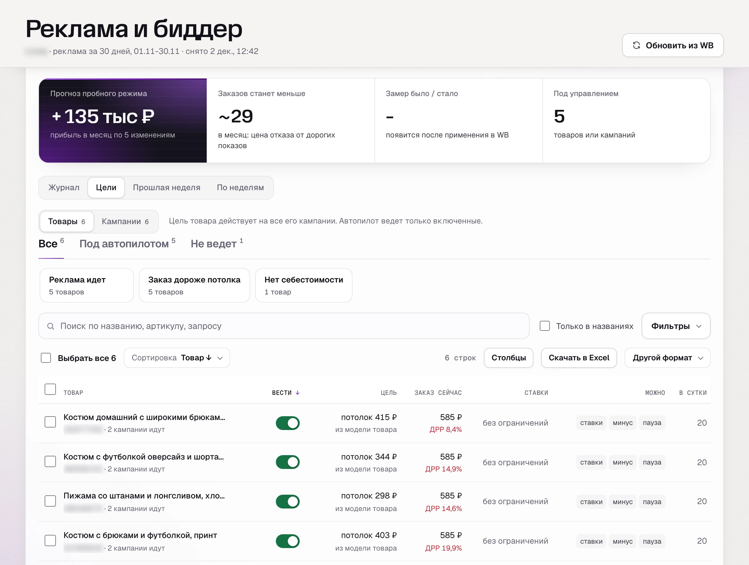 SkuScan, «Автопилот» в день подключения: цели товаров - потолок цены заказа из модели, заказ из рекламы сейчас дороже потолка.
