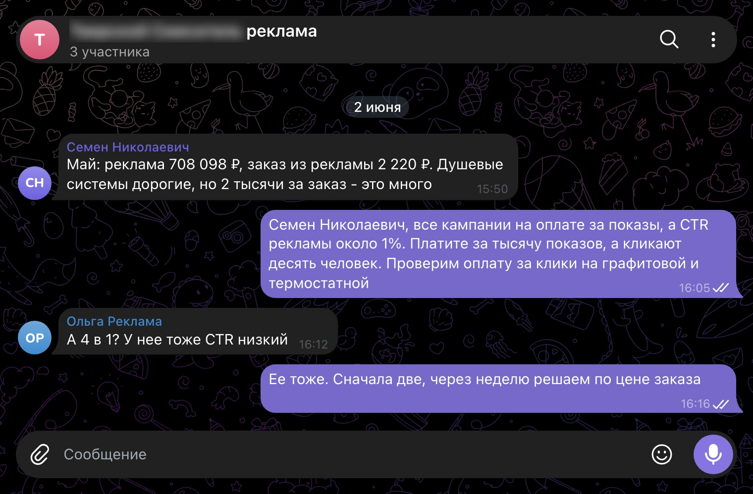 Рабочий чат, 2 июня: CTR рекламы около 1%.