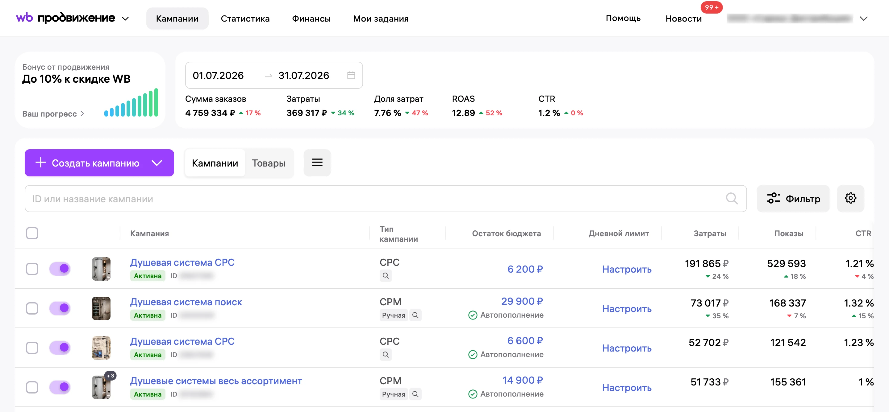 Кампании в июле: две на оплате за клики, система 4 в 1 и общая на показах.