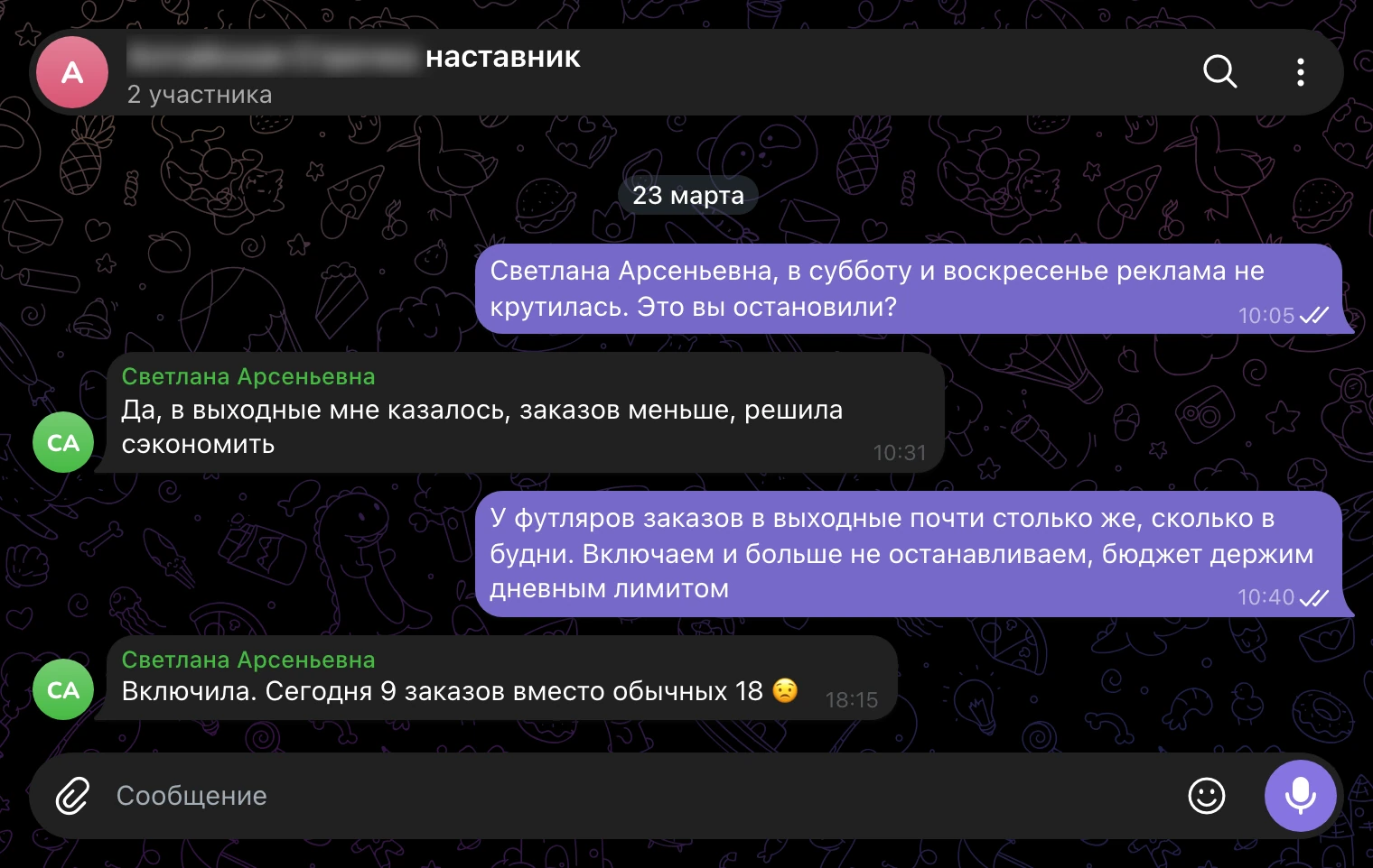 Рабочий чат, 23 марта: два дня без рекламы и девять заказов в понедельник вместо восемнадцати.