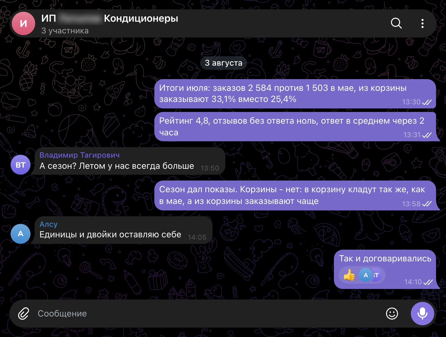 Рабочий чат 3 августа: итоги июля, роль сезона и что Алсу оставляет себе