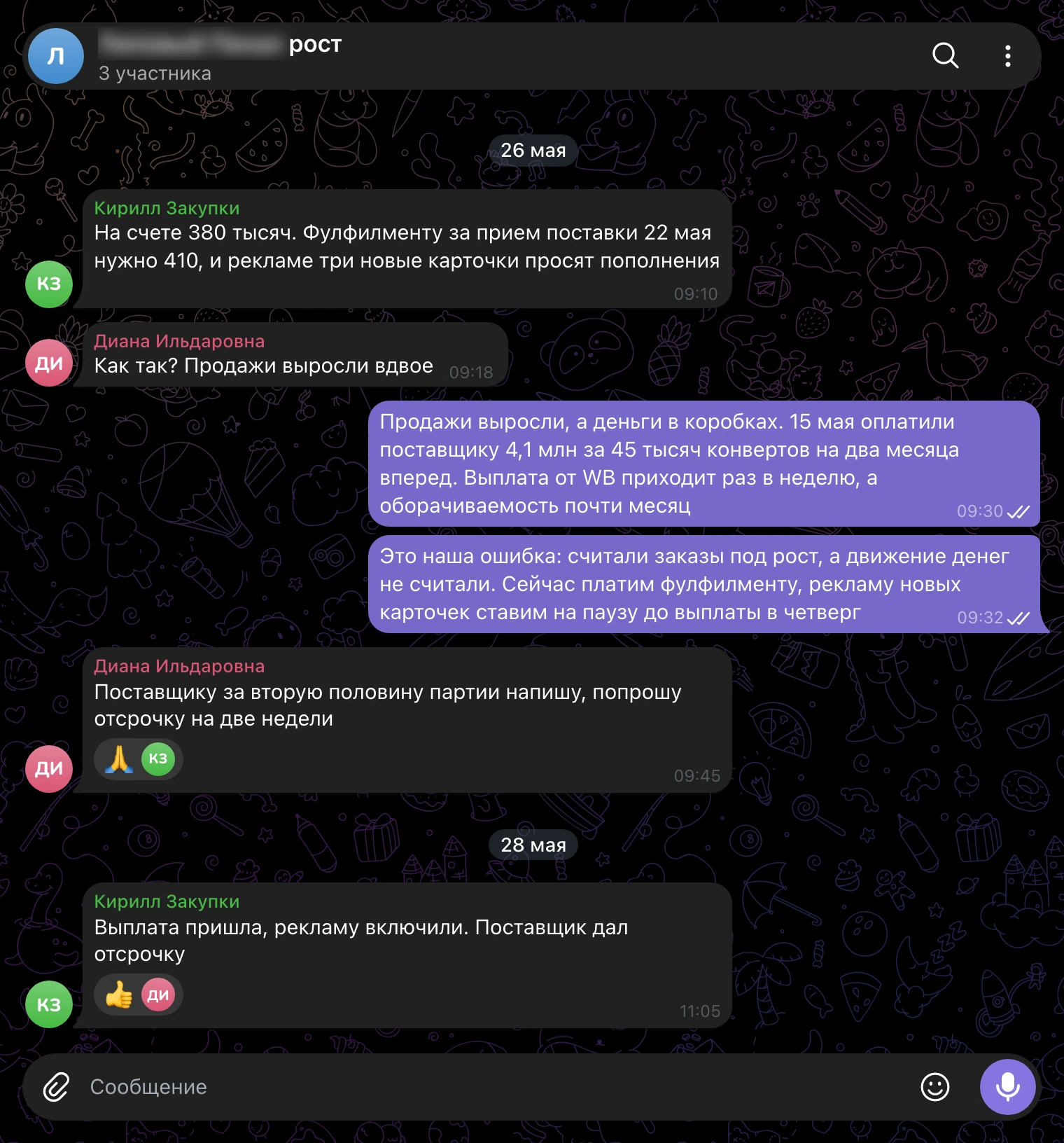 Рабочий чат, 26-28 мая: на счете 380 тысяч, пауза рекламы новых карточек и отсрочка у поставщика.
