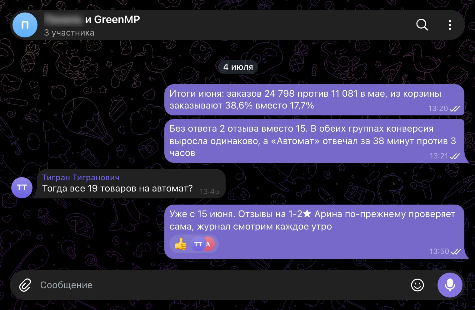 Рабочий чат 4 июля: итоги июня и перевод всех товаров на «Автомат»