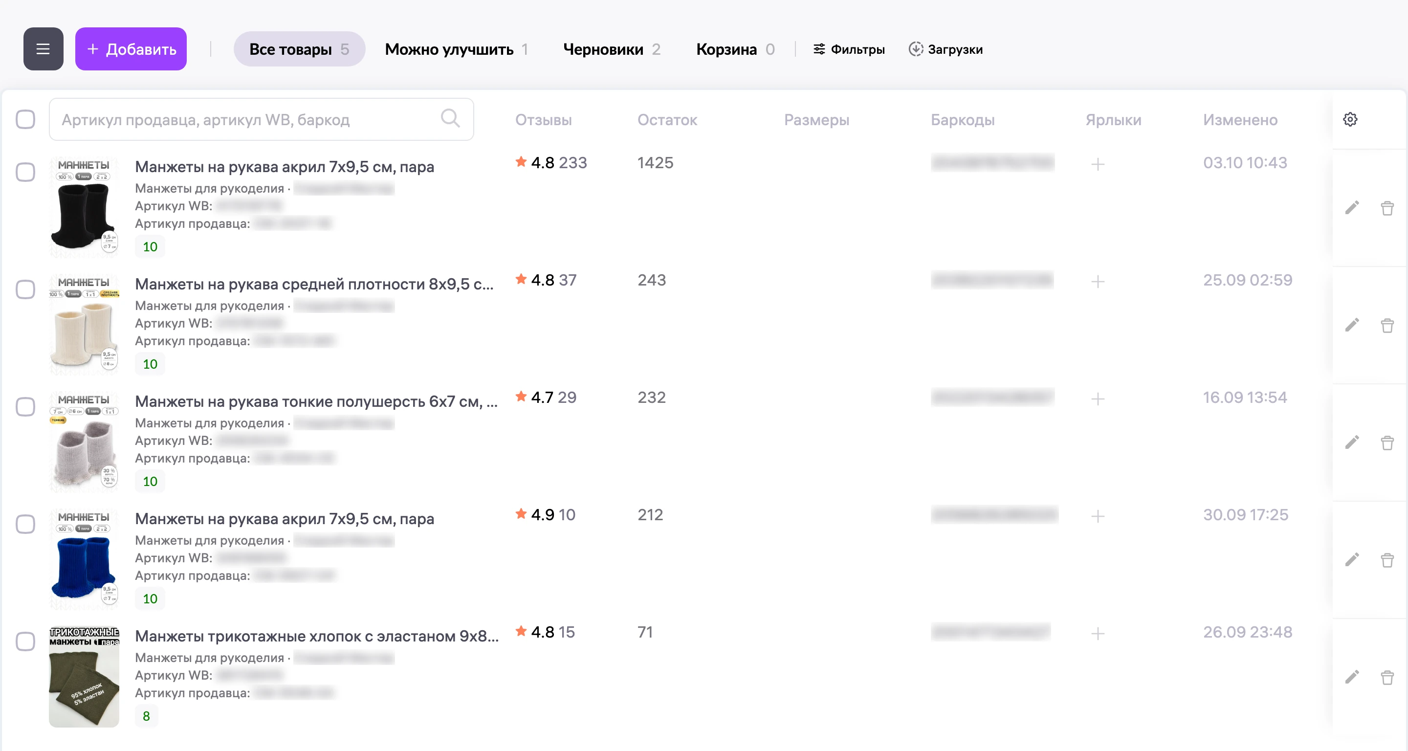 Товары на начало октября: у черных манжет рейтинг 4.8 и 233 отзыва, остаток 1425 пар.
