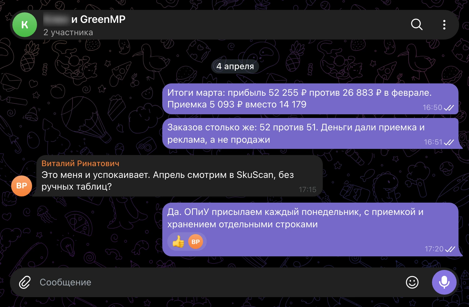 Рабочий чат 4 апреля: итоги марта и договоренность считать ОПиУ только в SkuScan