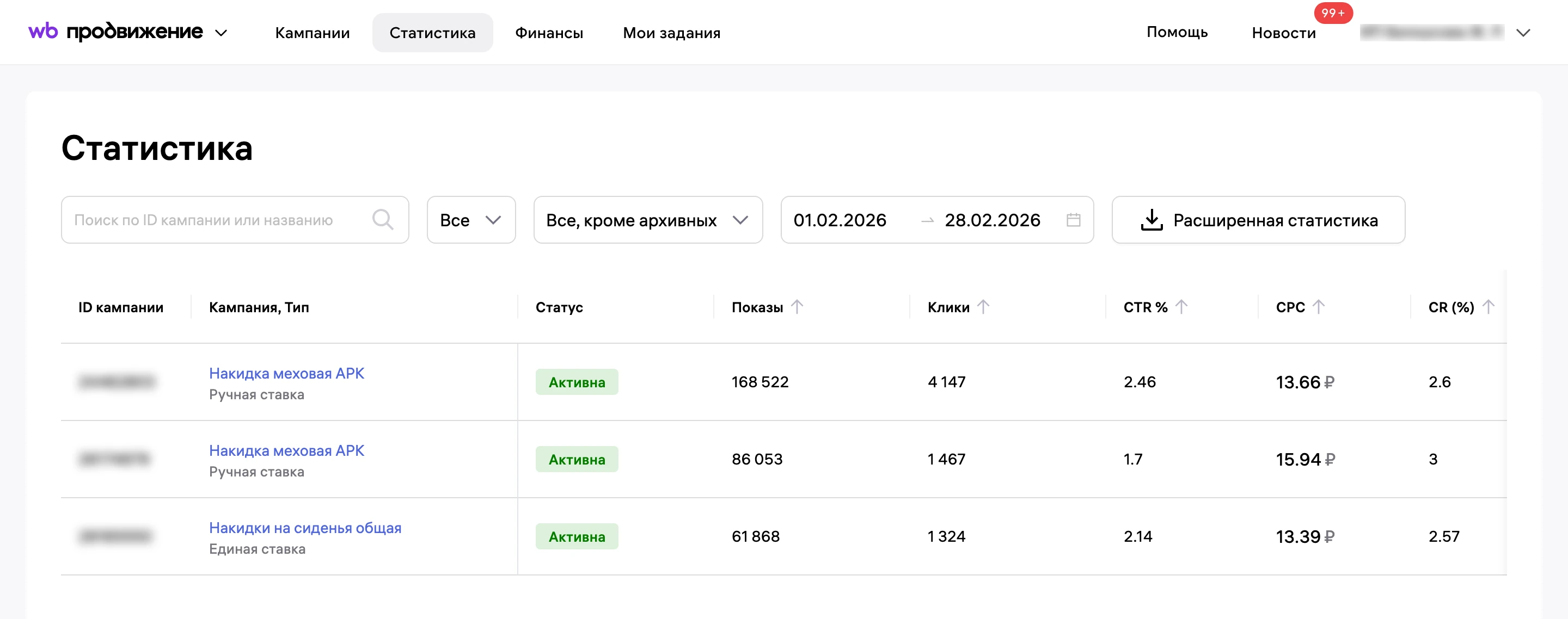 Статистика кампаний за февраль
