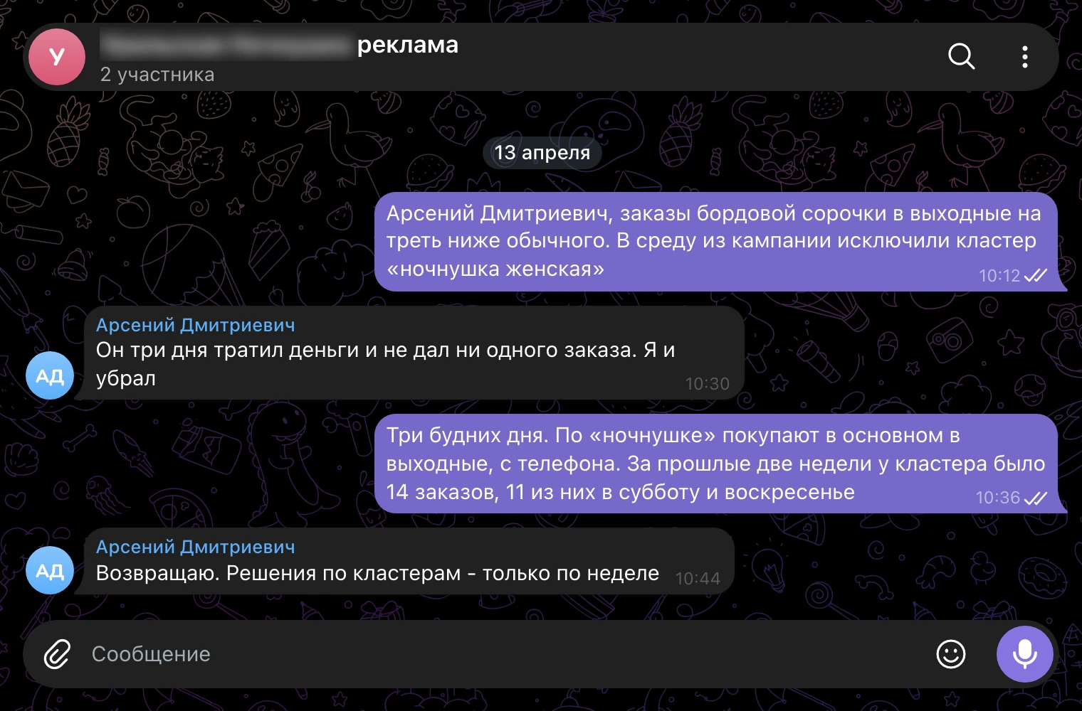 Рабочий чат, 13 апреля: кластер «ночнушка женская» давал заказы в выходные.