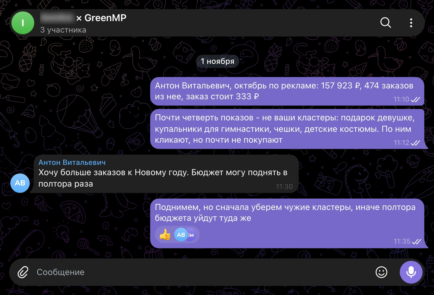 Рабочий чат 1 ноября: четверть показов на чужие кластеры, бюджет к Новому году в полтора раза больше