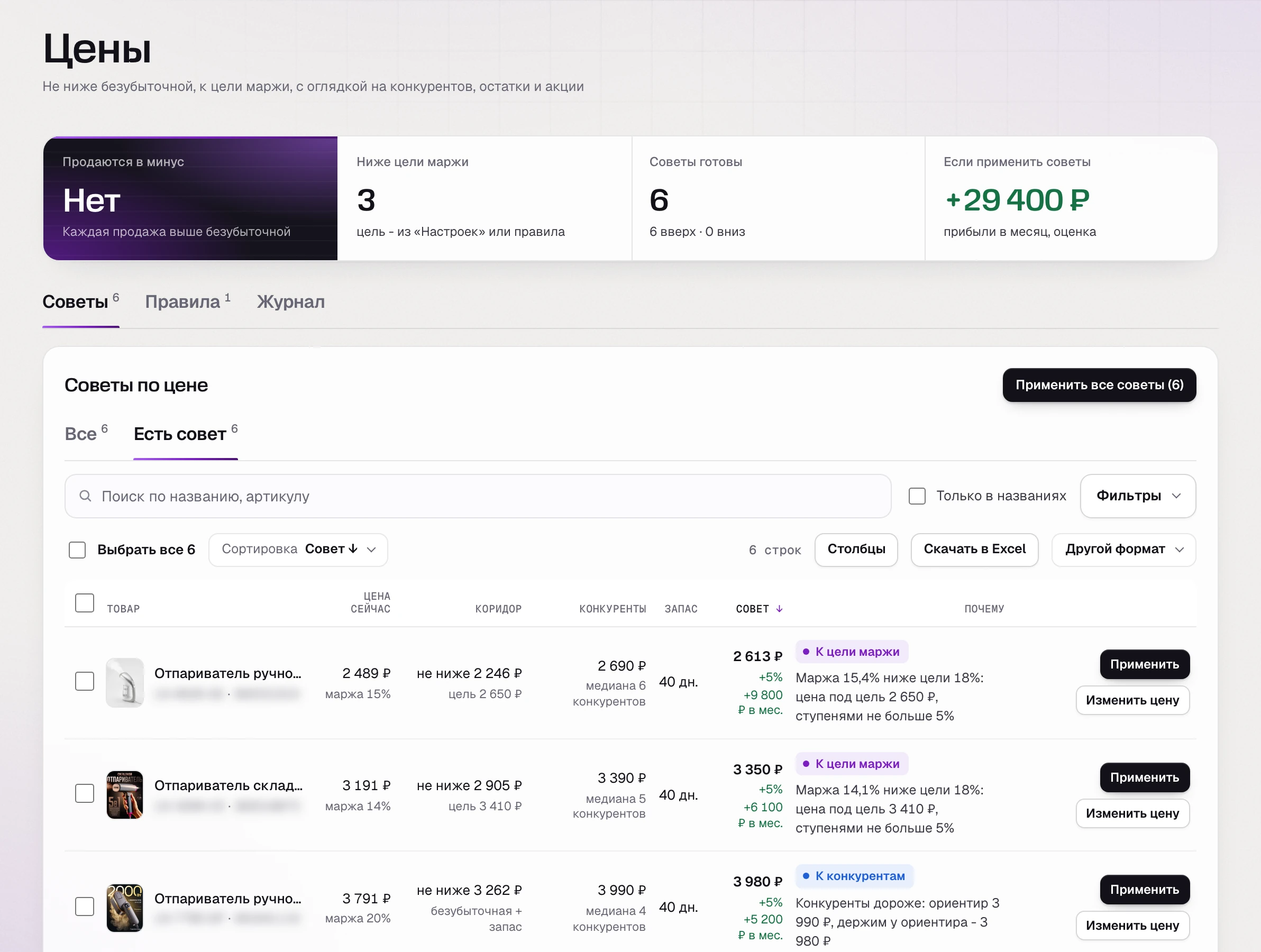 SkuScan 3 ноября: советы по шести товарам, все вверх, около +29 400 ₽ прибыли в месяц, если применить