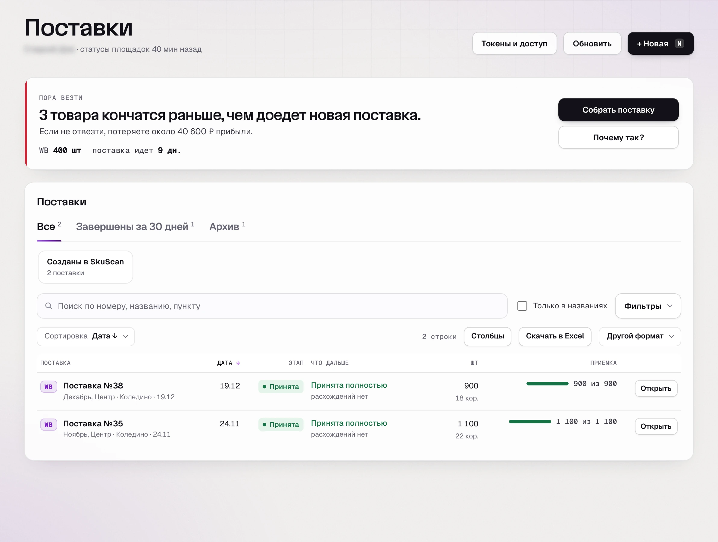 SkuScan, «Поставки» 2 января: 3 товара кончатся раньше, чем доедет новая поставка, под риском около 40 600 ₽ прибыли; ноябрьская и декабрьская поставки - в Коледино