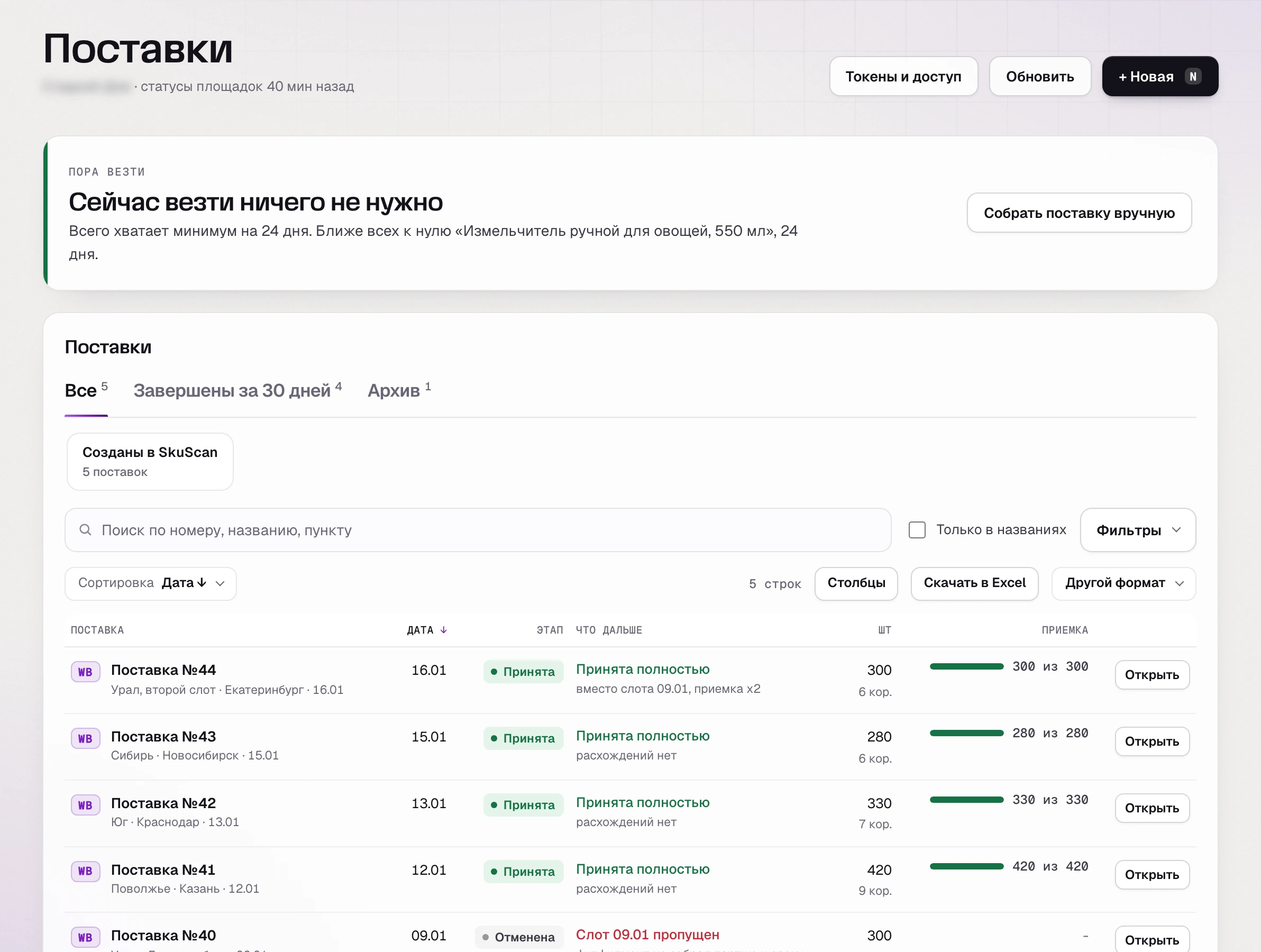 SkuScan, поставки января: четыре региональные приняты полностью, поставка №40 на Екатеринбург 09.01 отменена - слот пропущен