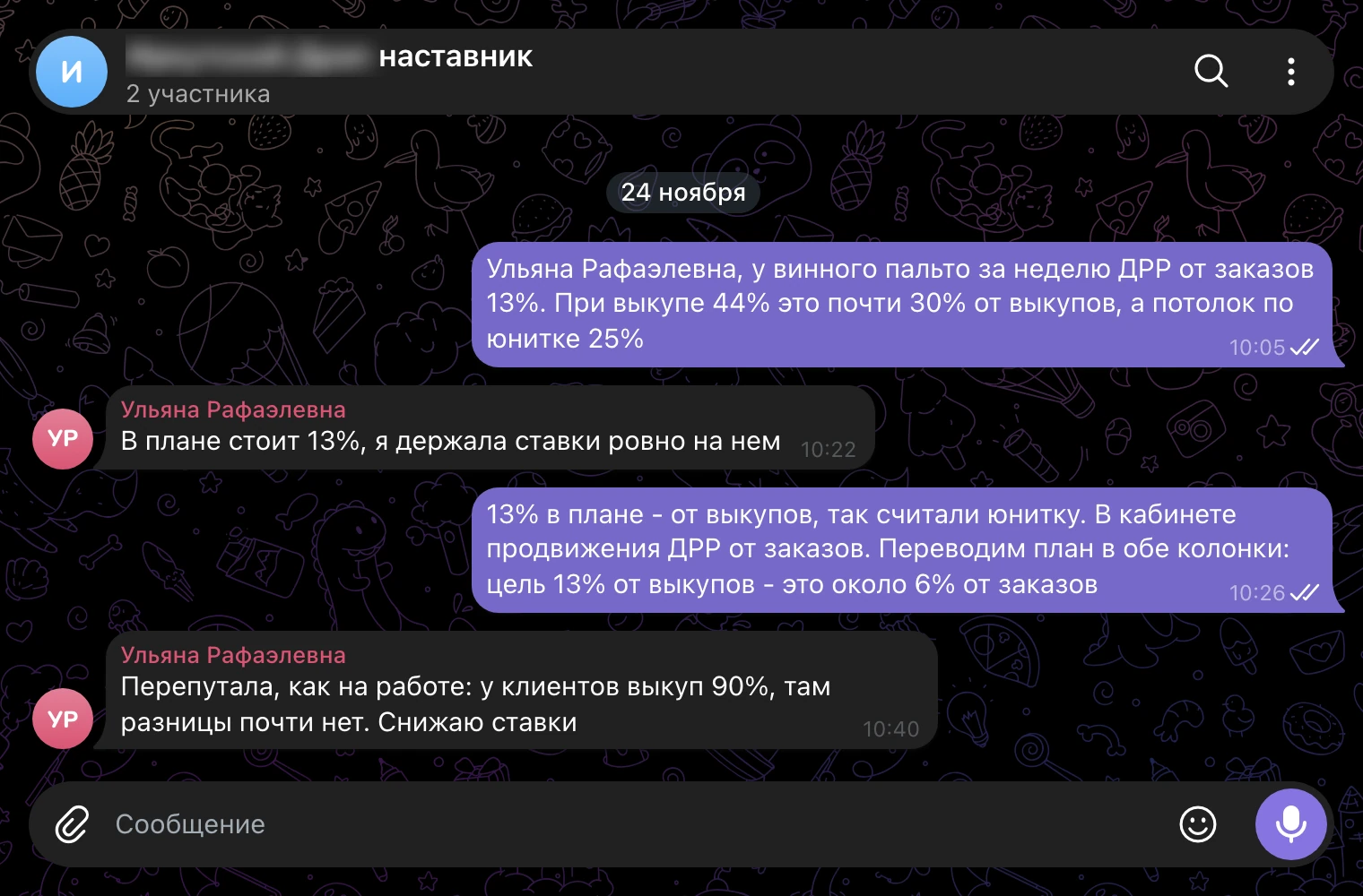 Рабочий чат, 24 ноября: план в ДРР от выкупов, ставки по ДРР от заказов.