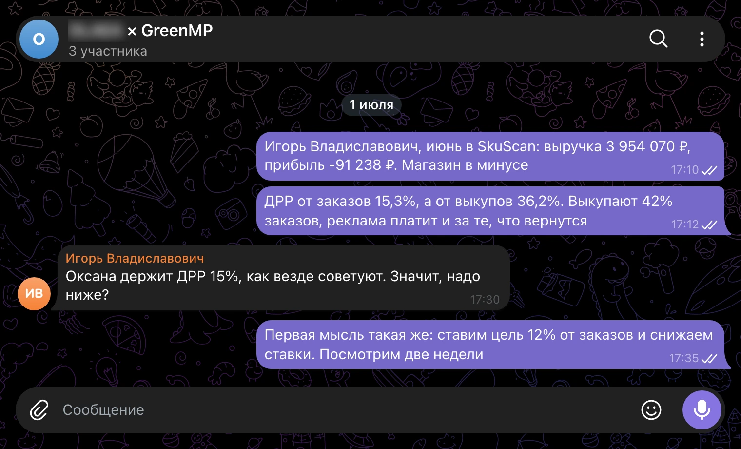 Рабочий чат 1 июля: июнь в минусе, ДРР от заказов 15,3%, от выкупов 36,2%