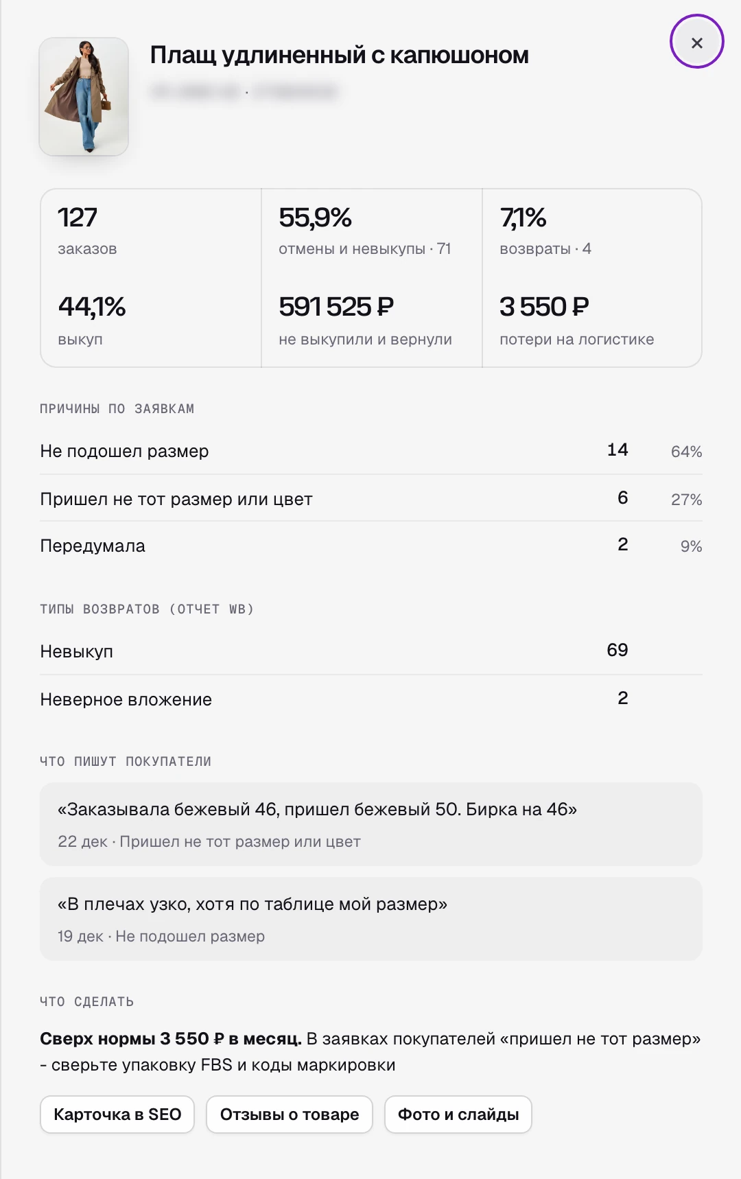 SkuScan, карточка тренча: заявки покупателей по одному товару, причины и комментарии