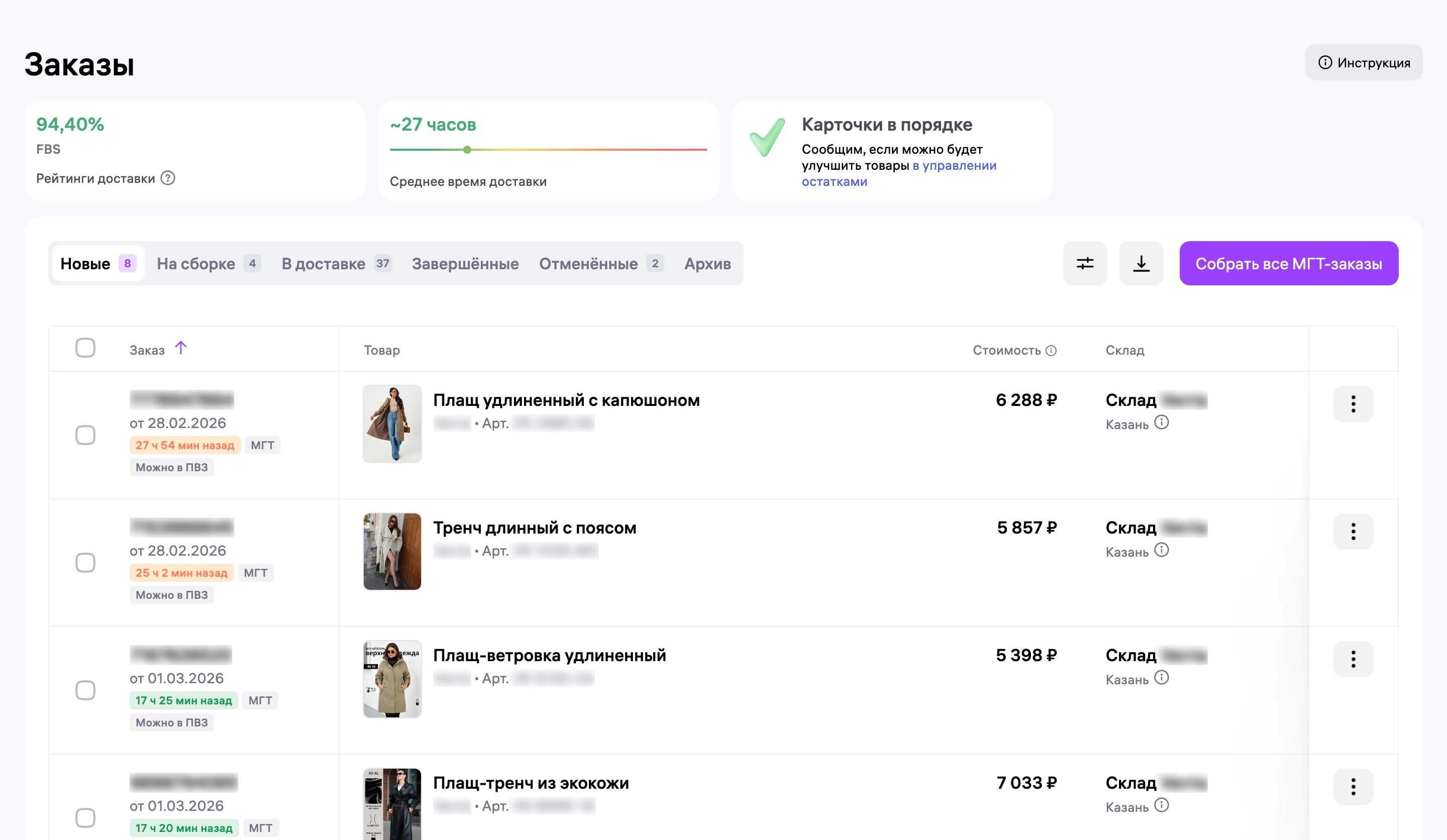 Сборочные задания FBS 1 марта: рейтинг доставки 94,40%, 8 новых, 4 на сборке