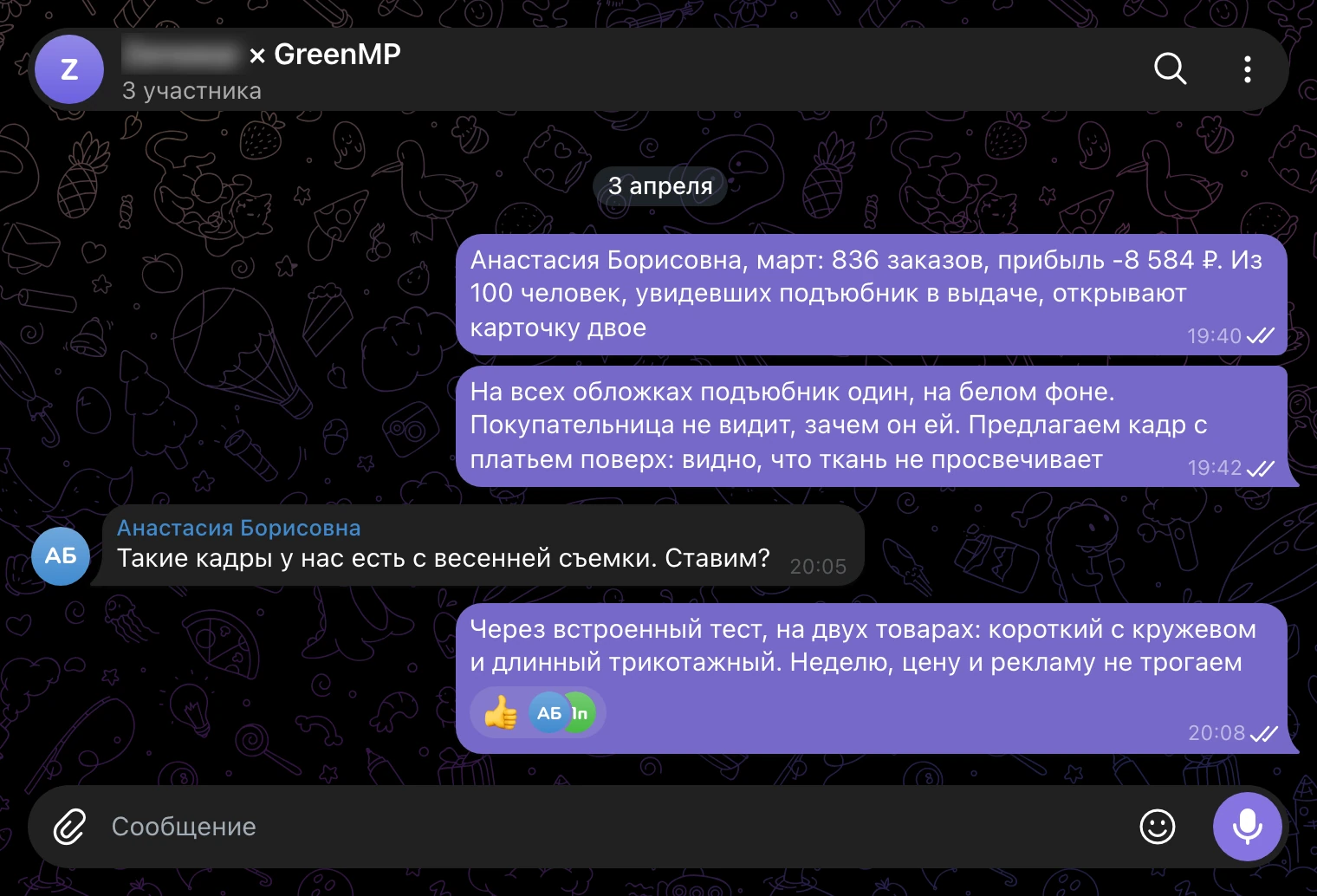 Рабочий чат 3 апреля: CTR 2,0%, гипотеза - платье поверх, тест на двух товарах