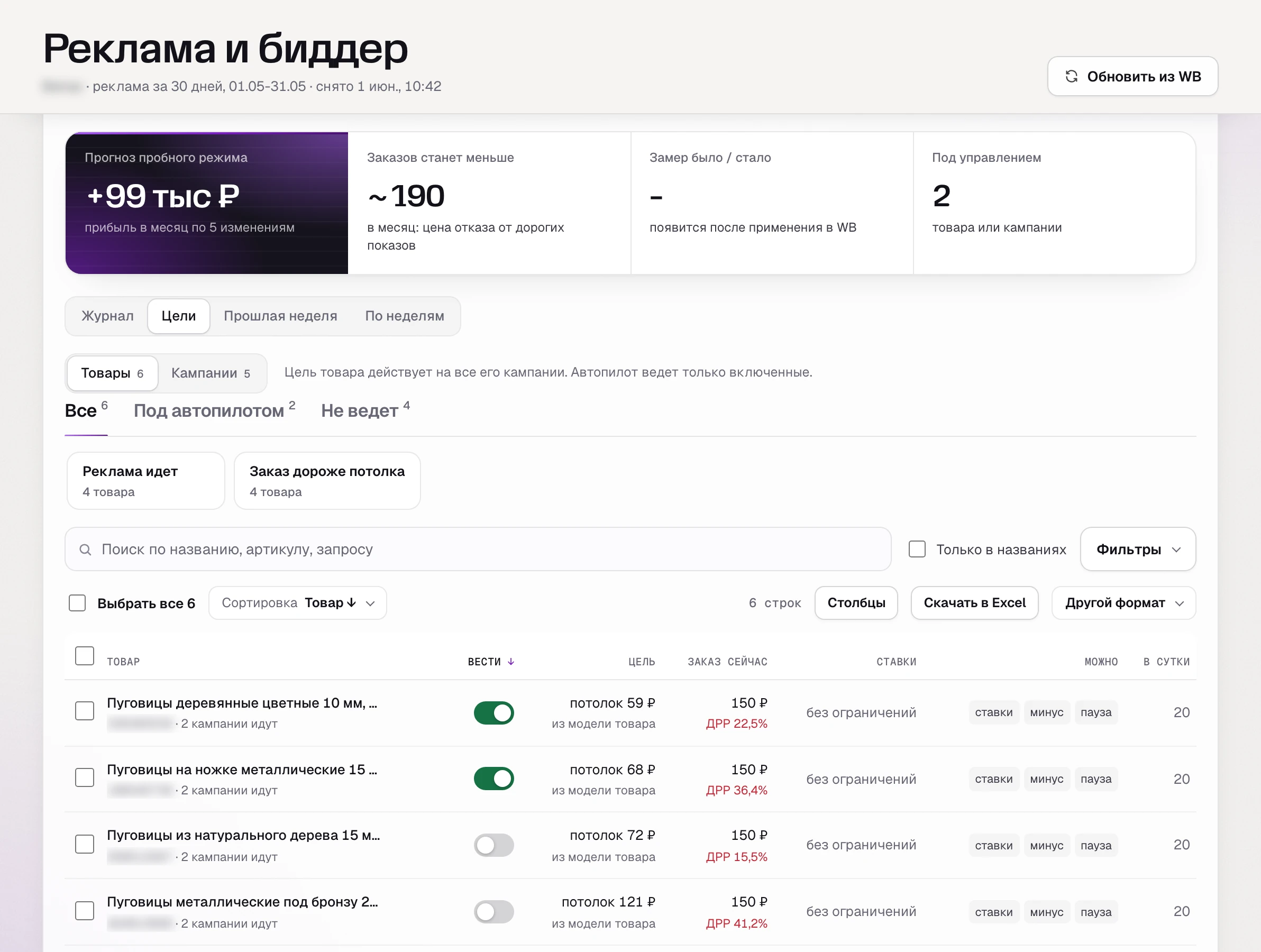 SkuScan 1 июня: потолок цены заказа из модели товара - 59, 72, 68 и 121 ₽, заказ сейчас 150 ₽ у всех четырех
