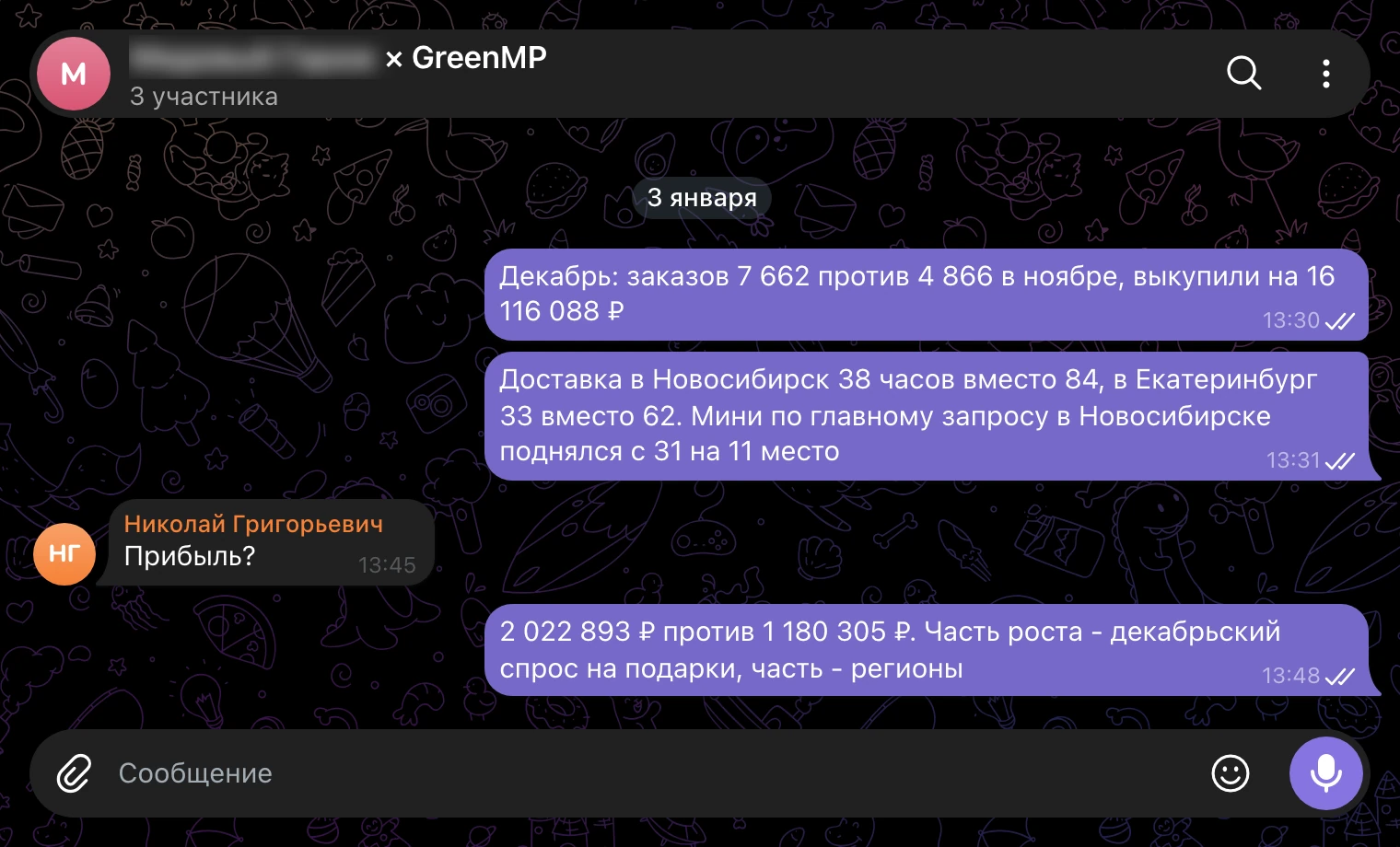 Рабочий чат 3 января: декабрь, доставка в Новосибирск 38 часов, мини на 11 месте