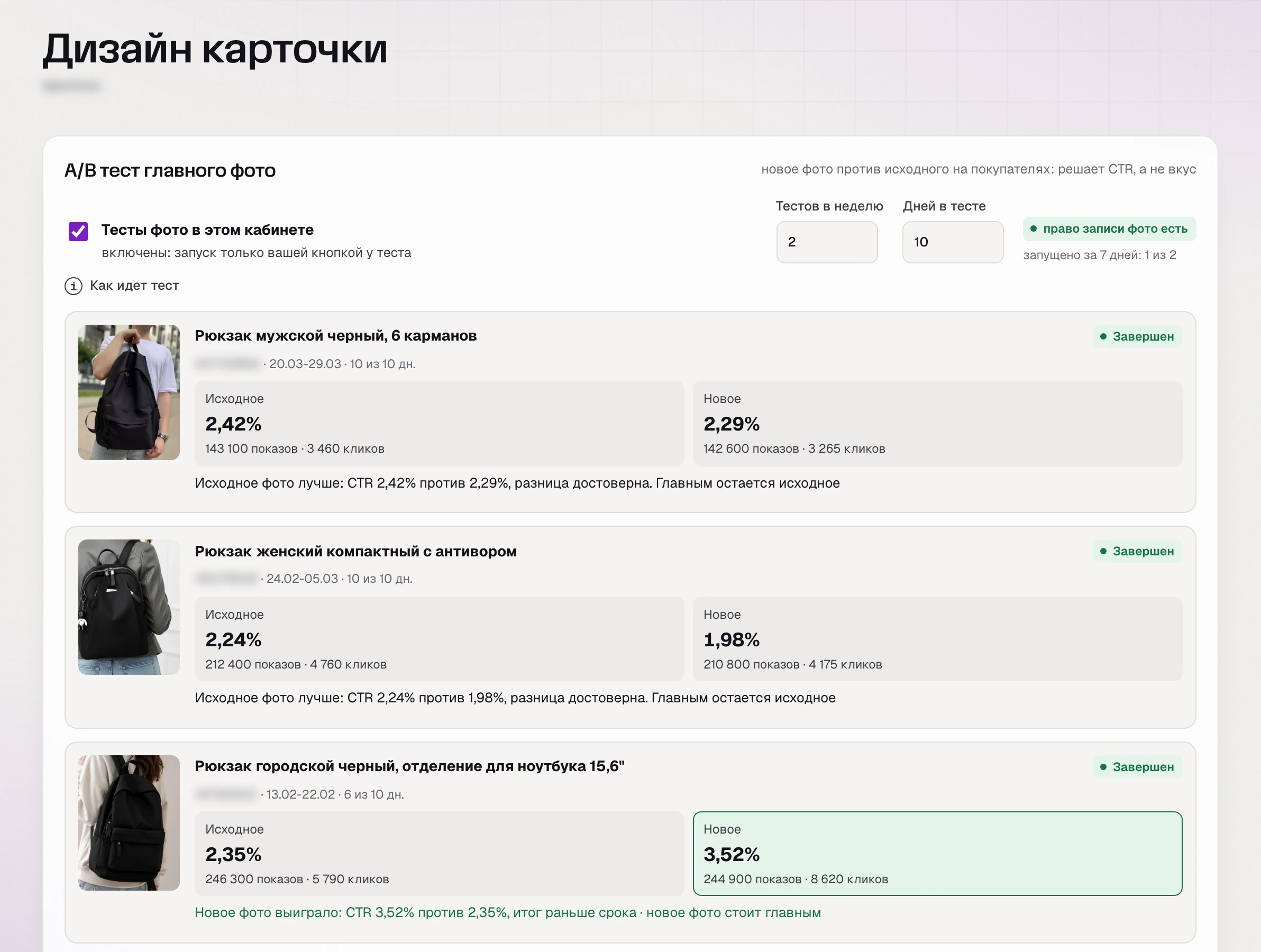 SkuScan, итоги тестов на 3 апреля: у городского рюкзака новое фото 3,52% против 2,35% и стоит главным; у компактного и мужского исходное лучше, 2,24% против 1,98% и 2,42% против 2,29%