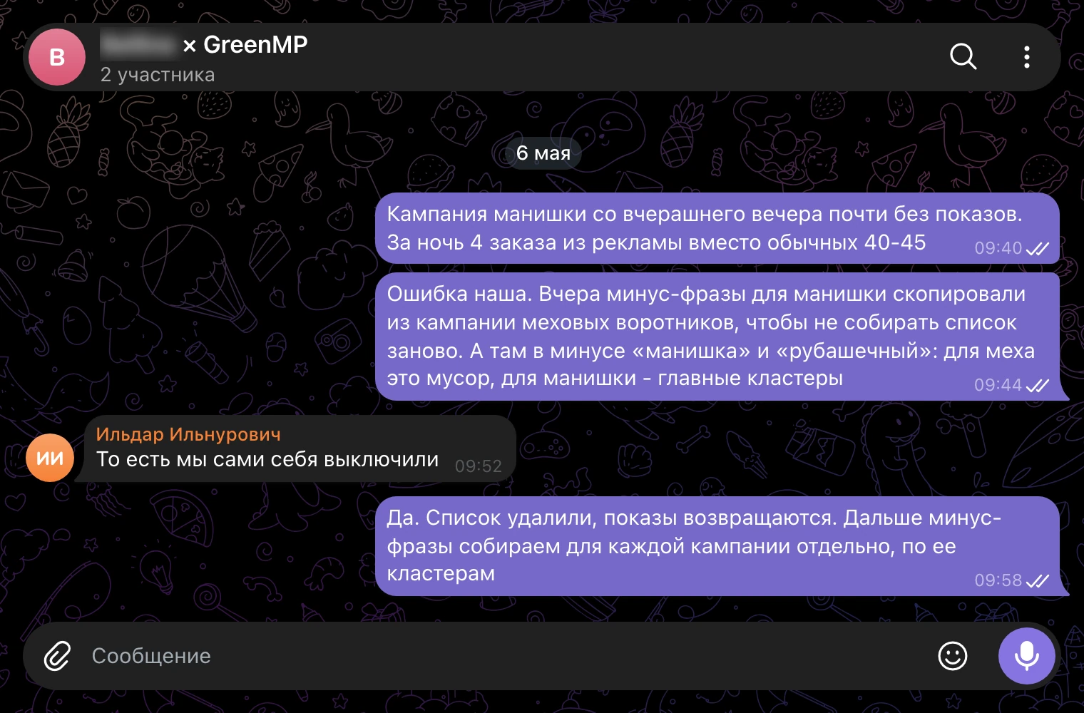 Рабочий чат 6 мая: кампания манишки почти без показов, минус-фразы скопированы из кампании меховых воротников