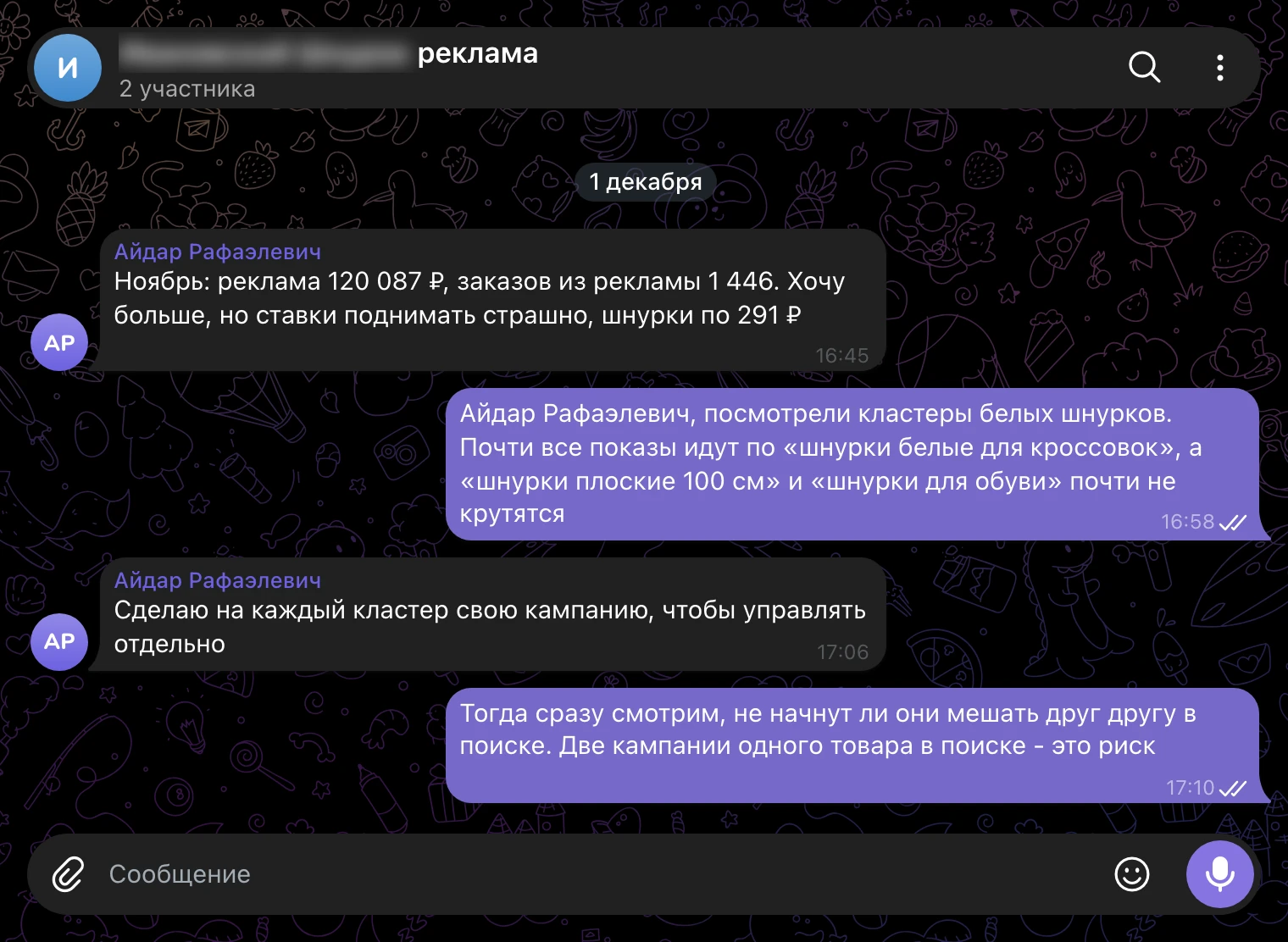 Рабочий чат, 1 декабря: один кластер забирает почти все показы.