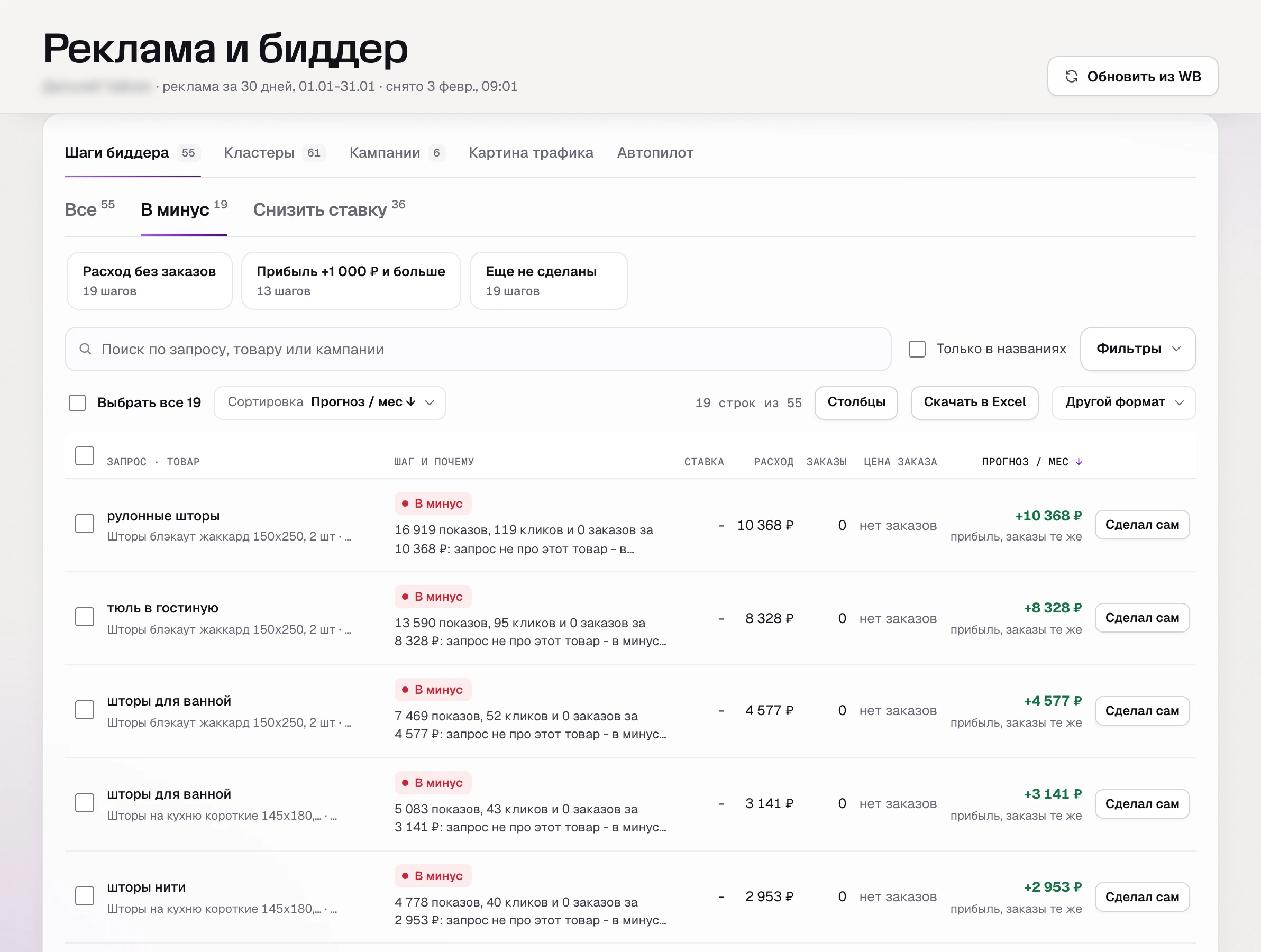 SkuScan, шаги биддера с фильтром «В минус»: рулонные шторы, тюль, шторы для ванной, нити - показы и клики есть, заказов нет.