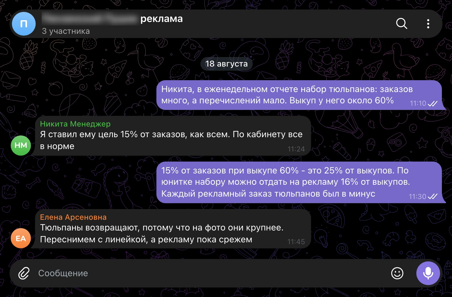 Рабочий чат, 18 августа: тюльпаны по заказам в норме, по выкупам реклама не окупается.