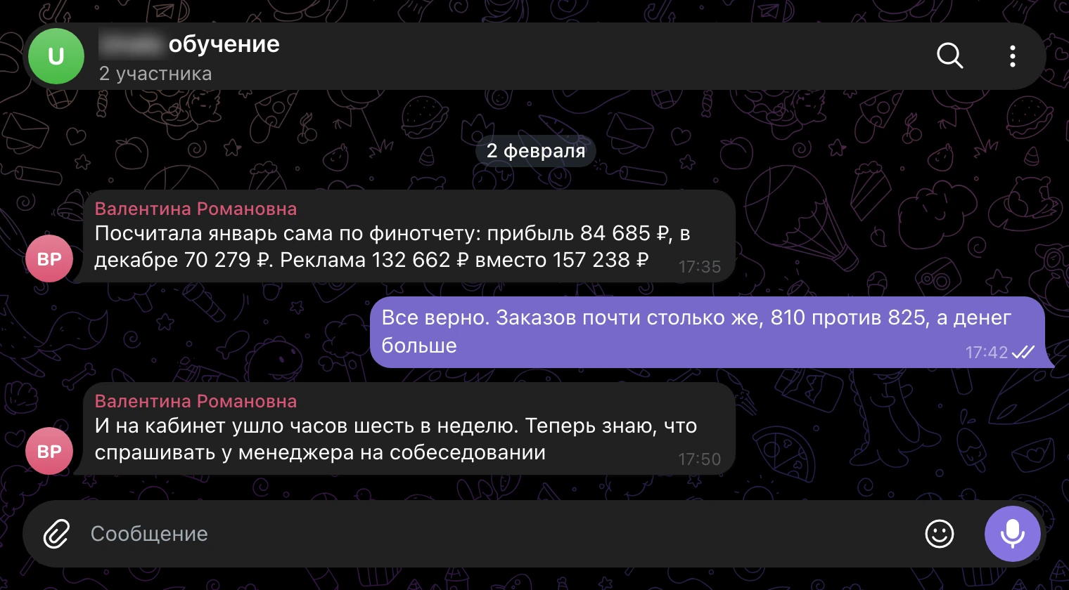 Рабочий чат, 2 февраля: январь, посчитанный владелицей, и шесть часов в неделю.