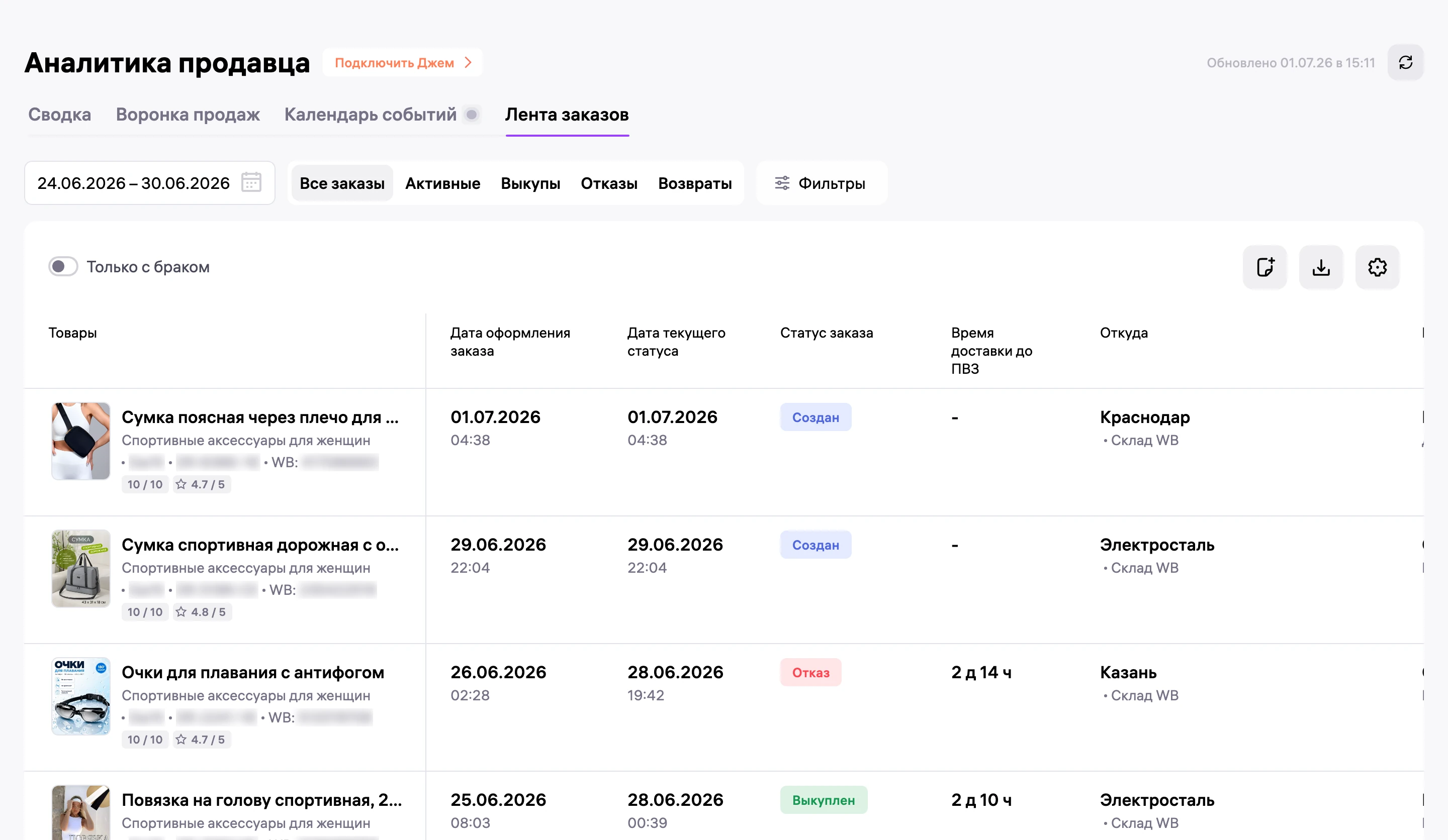 Лента заказов в конце июня: сумки едут из Электростали и Краснодара, один отказ по очкам для плавания.