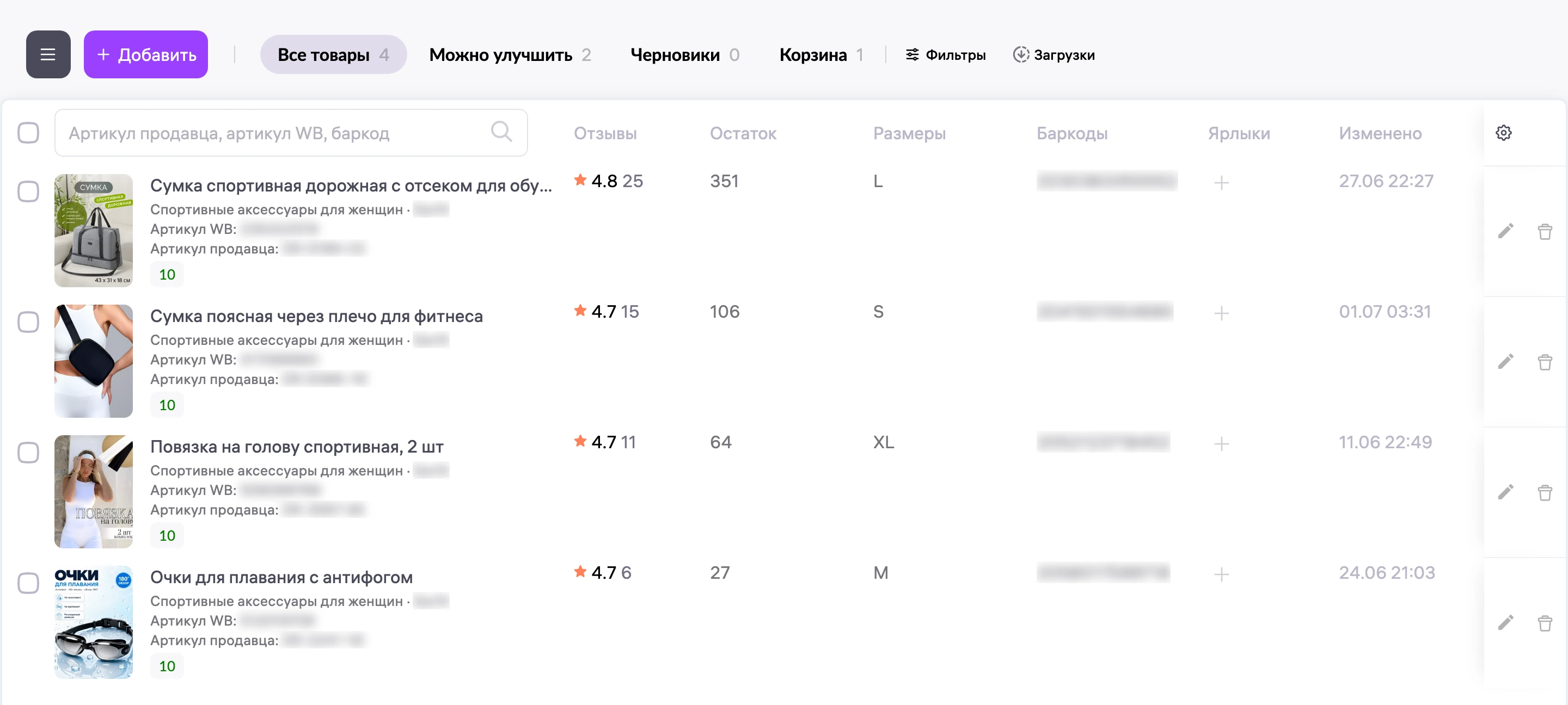 Товары на 1 июля: у сумки рейтинг 4.8 и 25 отзывов, у поясной сумки 4.7 и 15.
