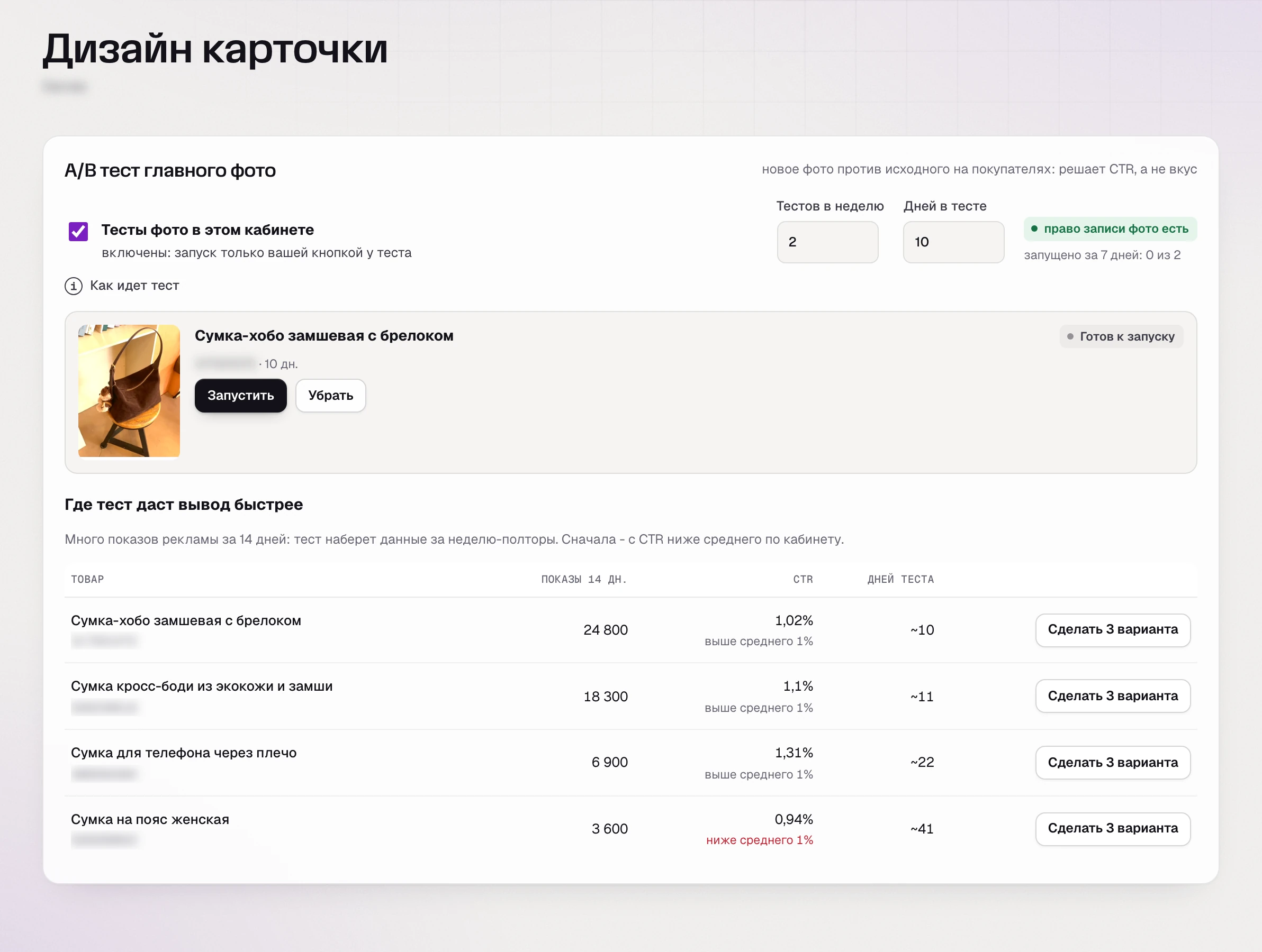 SkuScan 1 мая: где тест главного фото даст вывод быстрее - хобо 24 800 показов рекламы за 14 дней, кросс-боди 18 300
