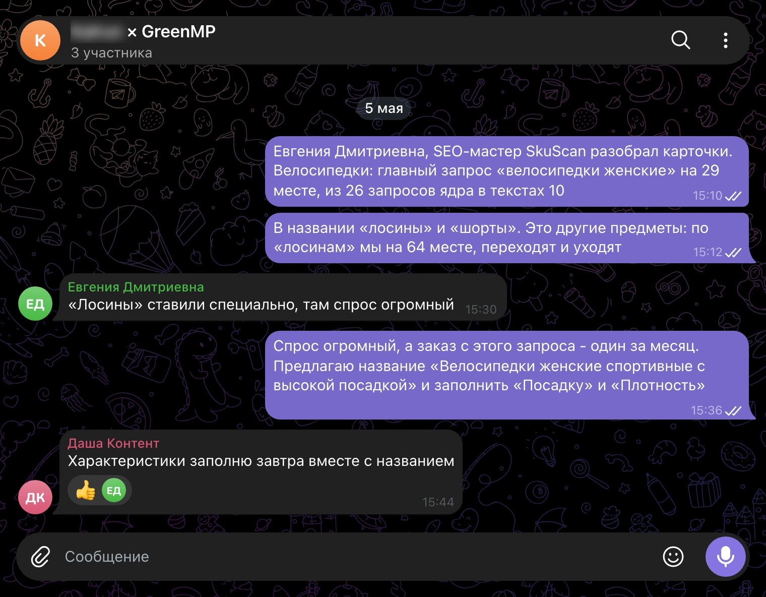 Рабочий чат 5 мая: 10 из 26 запросов ядра в тексте, «лосины» в названии дали один заказ за месяц