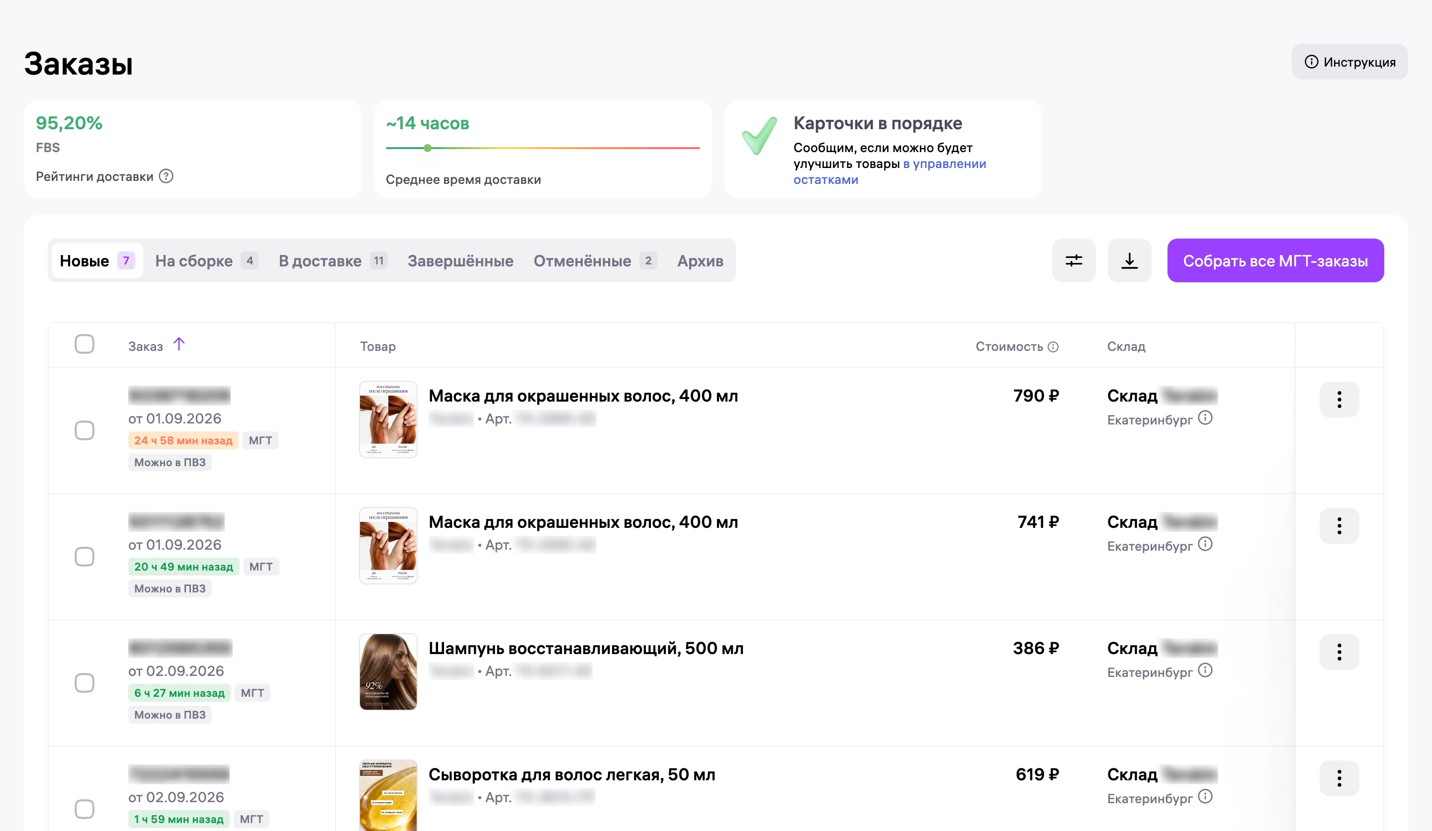 Сборочные задания FBS 2 сентября: рейтинг доставки 95,20%, новых 7, на сборке 4